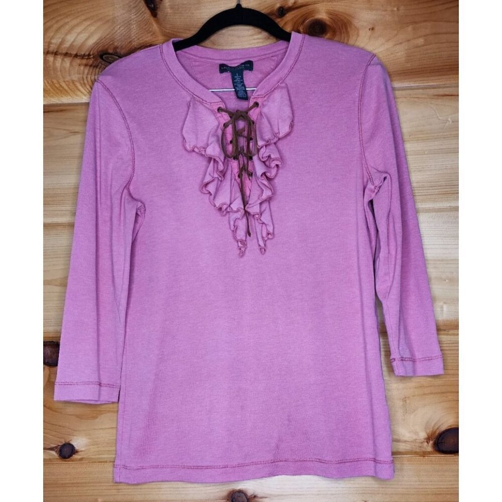 LRL Ralph Lauren Women's L Top Pink Ruffle Front Shirt